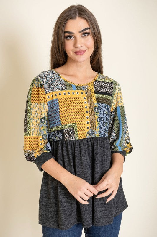 3/4 Sleeve Quilted Pattern Tunic