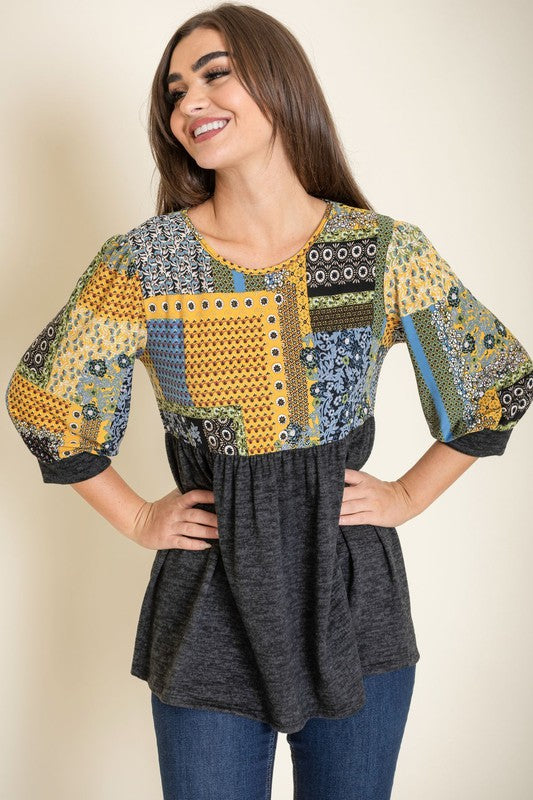 3/4 Sleeve Quilted Pattern Tunic