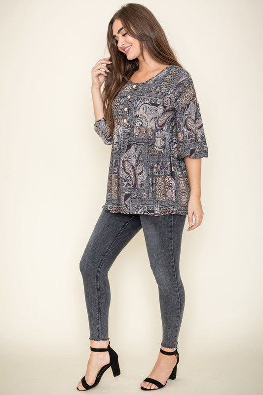 Button Accent Paisley Top