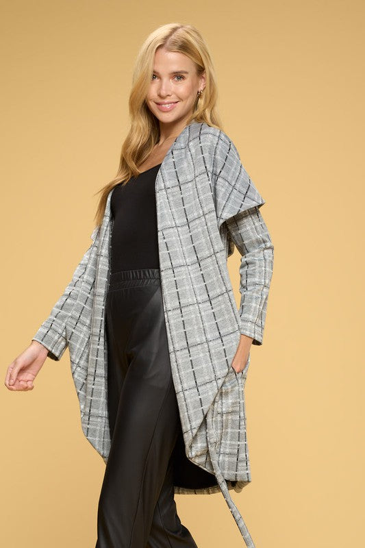 Plaid Open Front Cardigan with Tie