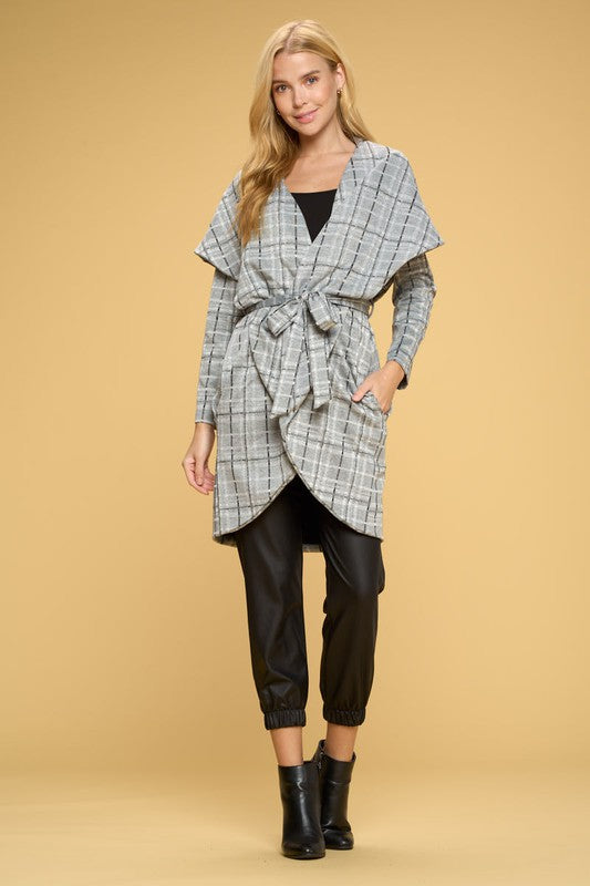 Plaid Open Front Cardigan with Tie