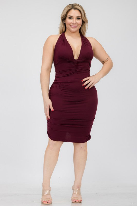 Plus Plunging Neck Ruched Bodycon Mini Dress