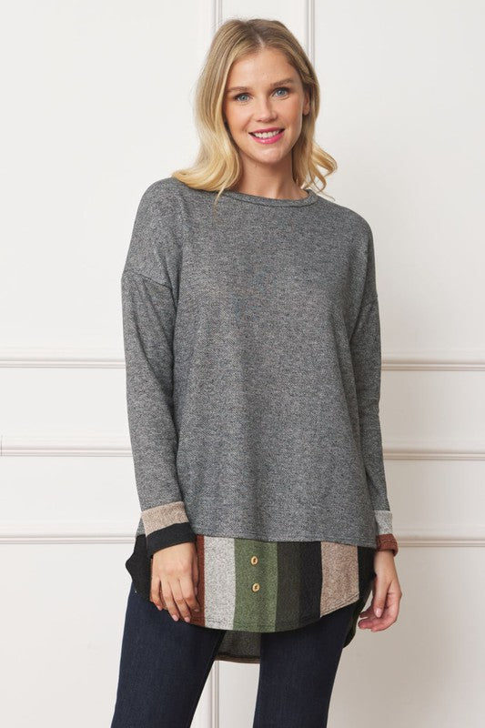 Terry Mock Layered Tunic With Button Accent