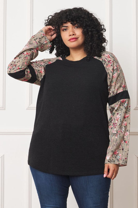 Plus Floral Color Block Sleeve Tunic