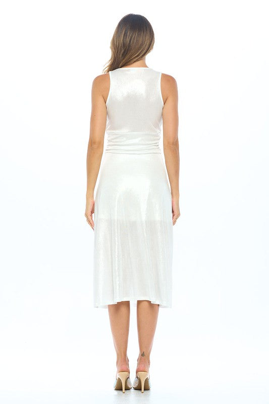 Metallic Solid Deep V Neck Lined Dress with Slit