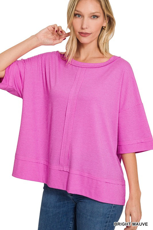 Ribbed Boat Neck Dolman Sleeve Top w/ Front Seam