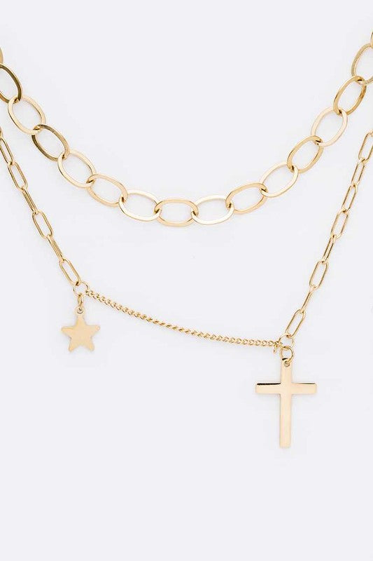Stainless Steel Cross Star Charm Layered Necklace