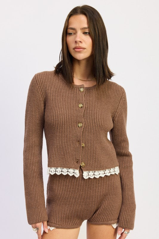 RIBBED CARDIGAN WITH CROCHET LACE DETAIL