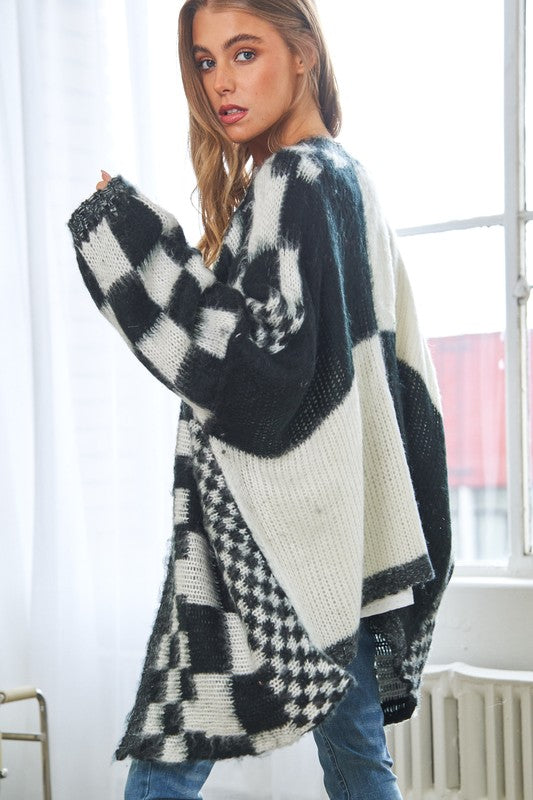 Multi Checker Long Sleeve Loose Fit Open Cardigan