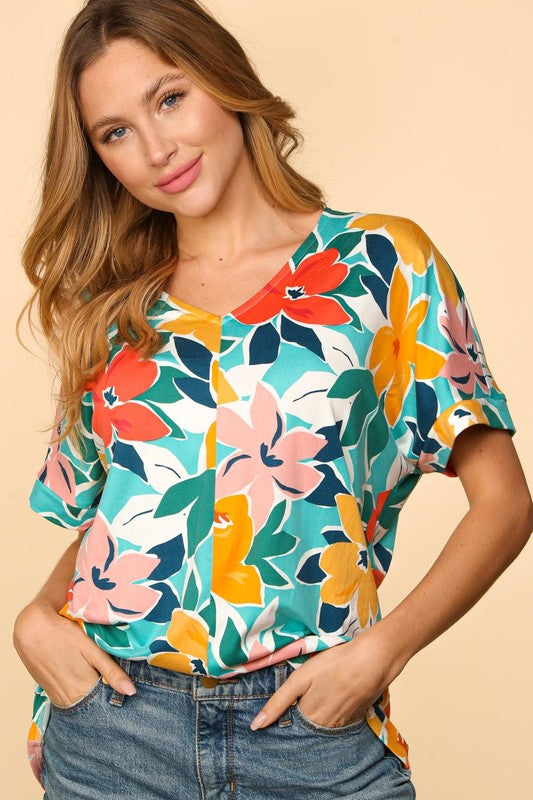 FLORAL LOOSE FIT SHORT SLEEVE KNIT TOP