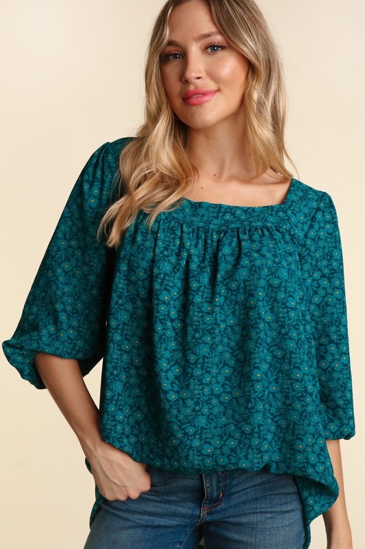 THREE QUARTER SLEEVE SMALL FLORAL WOVEN TOP