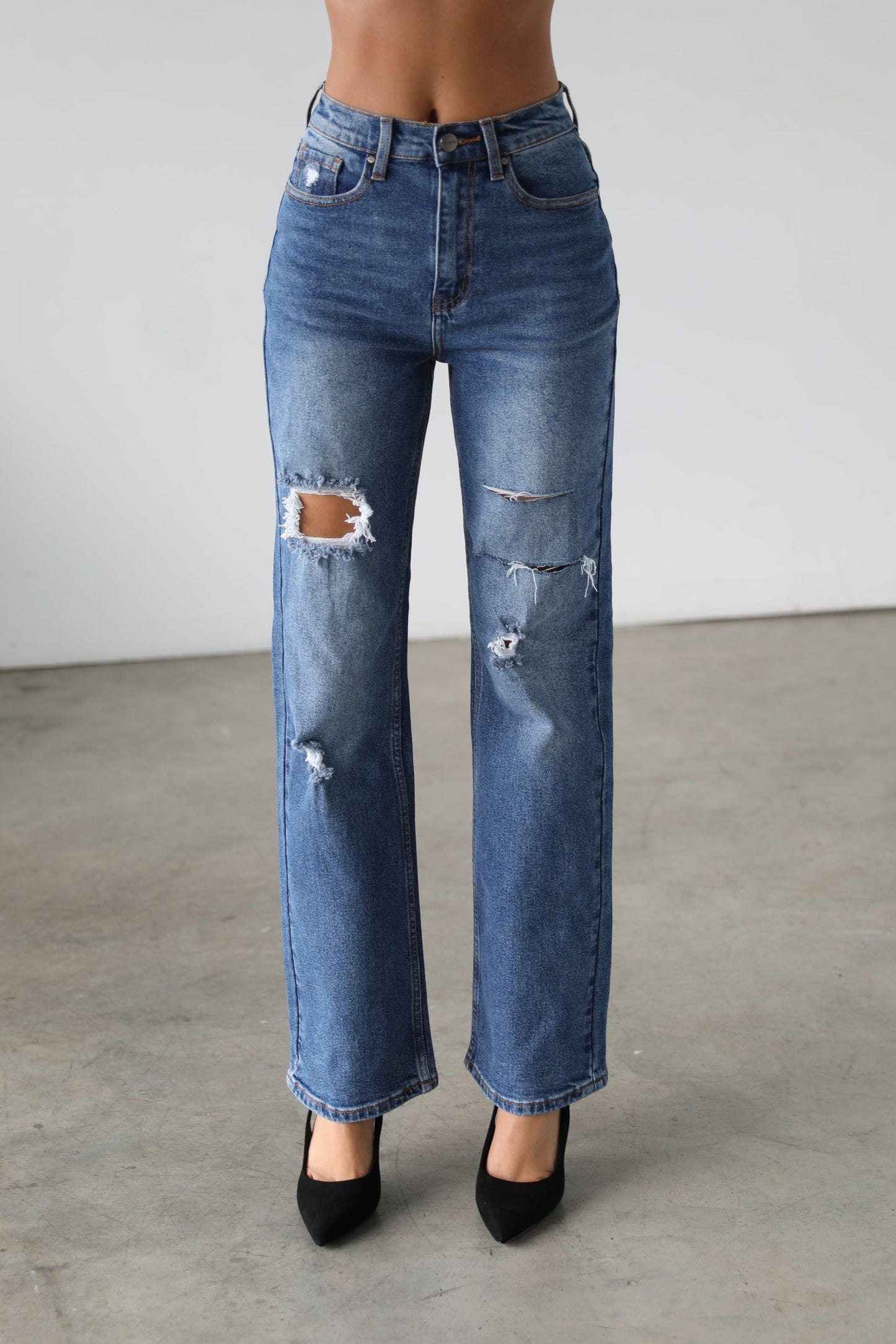 High Rise Straight Leg Denim Jeans - Dark- 7106