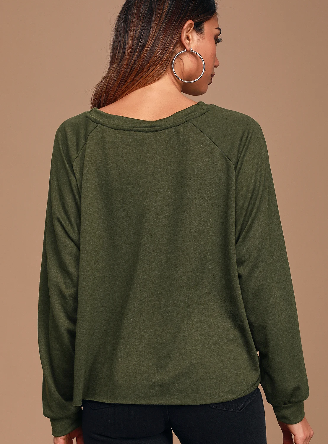 Olive Green Pullover Tie-Front Sweatshirt