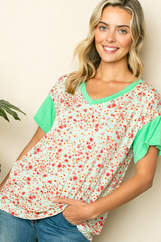 PLUS DIZZY FLORAL SOLID MIX BOXY TOP