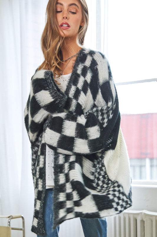 Multi Checker Long Sleeve Loose Fit Open Cardigan