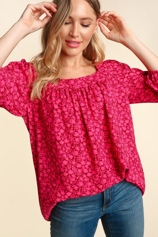 THREE QUARTER SLEEVE SMALL FLORAL WOVEN TOP