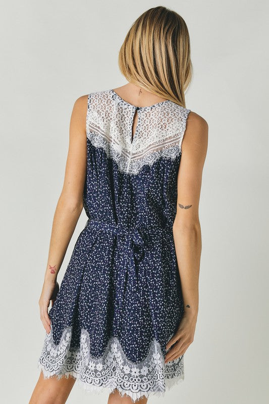 Printed Sleeveless Lace Trim Mini Dress