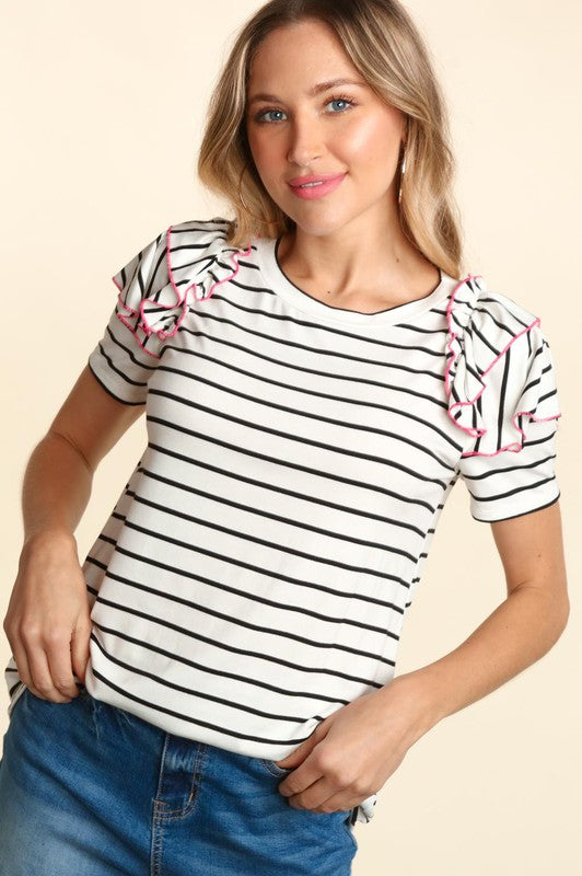 STRIPE DOUBLE RUFFLE FRILL SHORT SLEEVE TOP