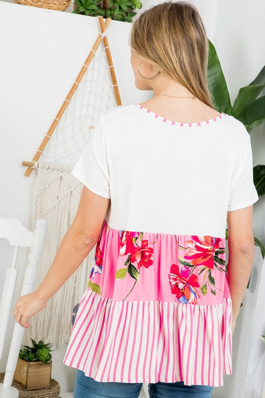 FLORAL MIXED COLORBLOCK TIERED TOP