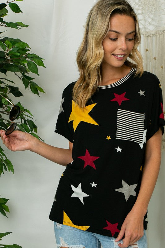 STAR PRINT STRIPE JERSEY POCKET TOP