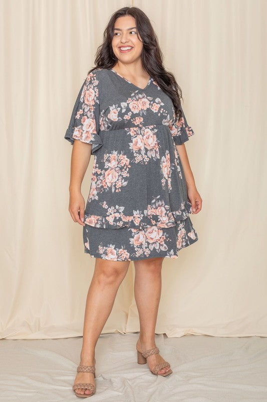 Floral V Neck Ruffle Dress