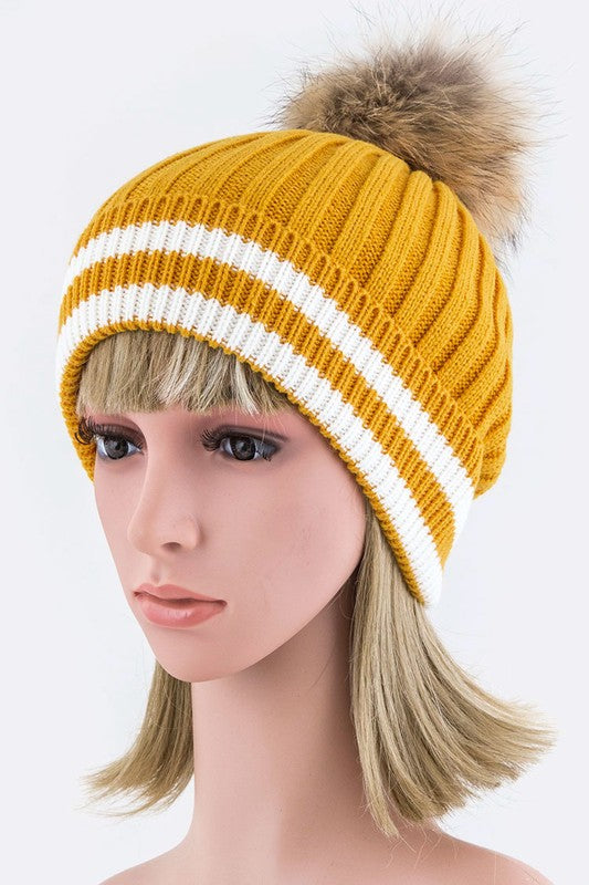 Raccoon Fur PomPom Stripe Hem Beanie