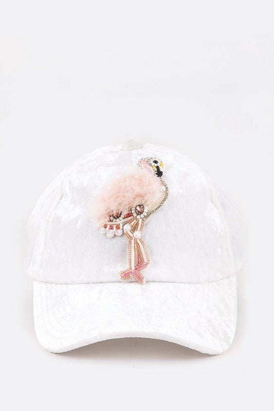 Fur & Beaded Flamingo Distressed Velour Cap