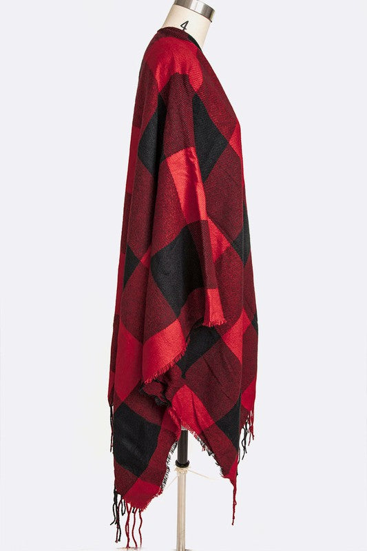 Plaid Fringe Poncho Scarf