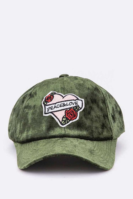 Peace And Love Heart Patch Distress Velour Cap