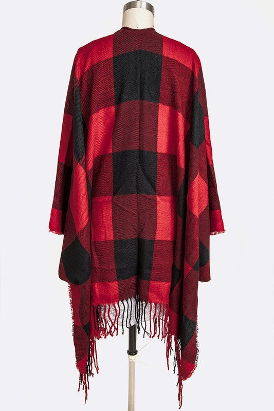 Plaid Fringe Poncho Scarf