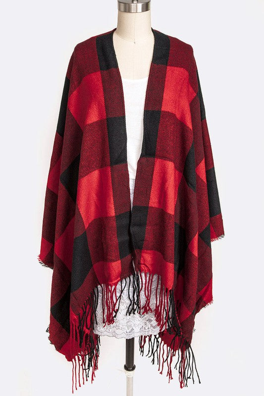 Plaid Fringe Poncho Scarf