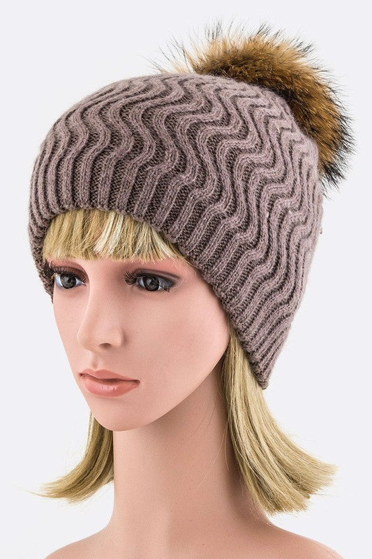 Raccoon Fur PomPom Chevron Knit Beanie