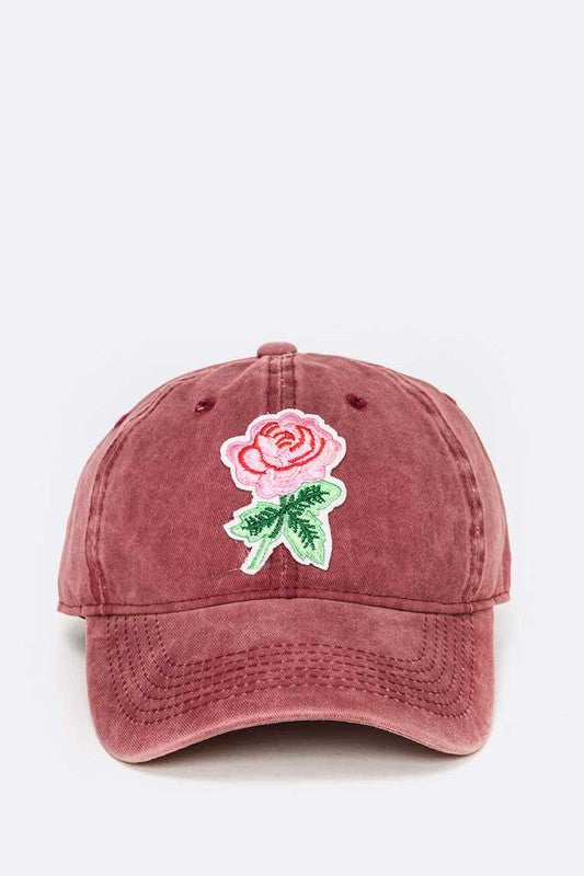 Embroidered Rose Patch Vintage Washed Cotton Cap