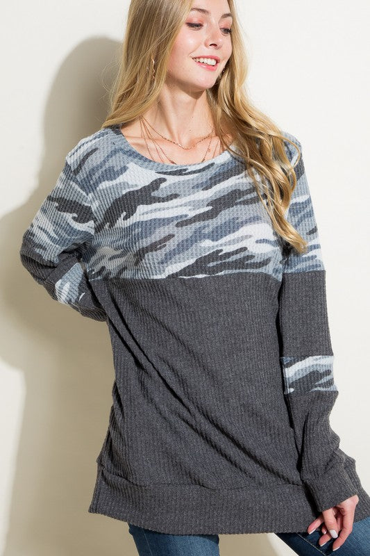 COZY CAMOUFLAGE SOLID MIX TUNIC TOP