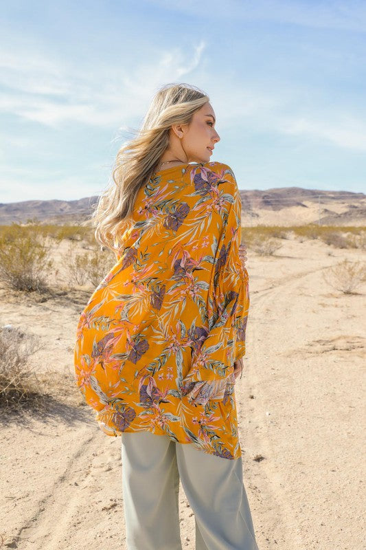 Tropical Leaves Draped Sleeve Kimono