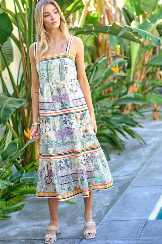 PRINTED SQUARE NECK MIDI DRESS