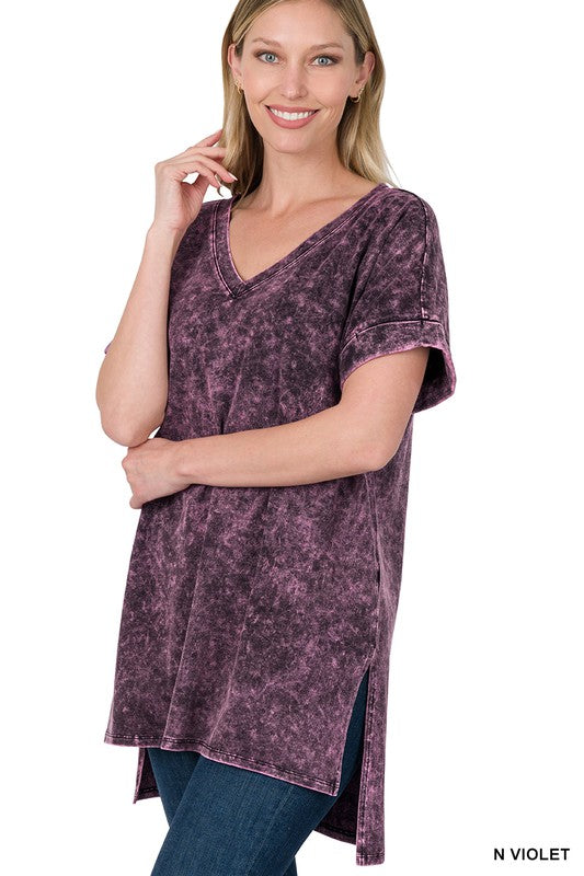 Mineral Wash Rolled Short Sleeve V-Neck Top