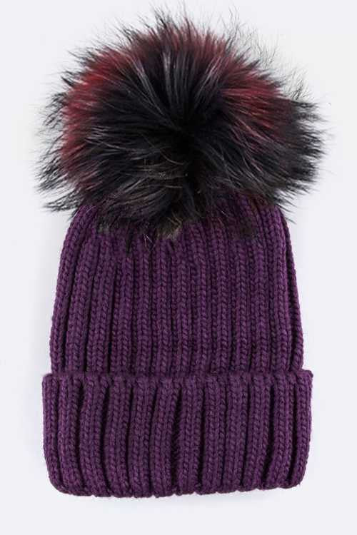 Mix Color Raccoon Fur Pom Pom Beanie