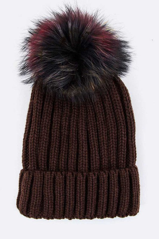 Mix Color Raccoon Fur Pom Pom Beanie