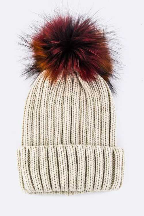 Mix Color Raccoon Fur Pom Pom Beanie