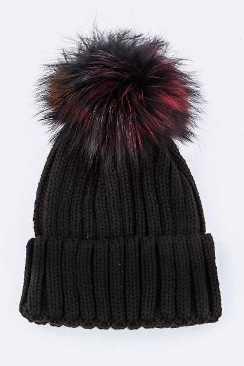 Mix Color Raccoon Fur Pom Pom Beanie