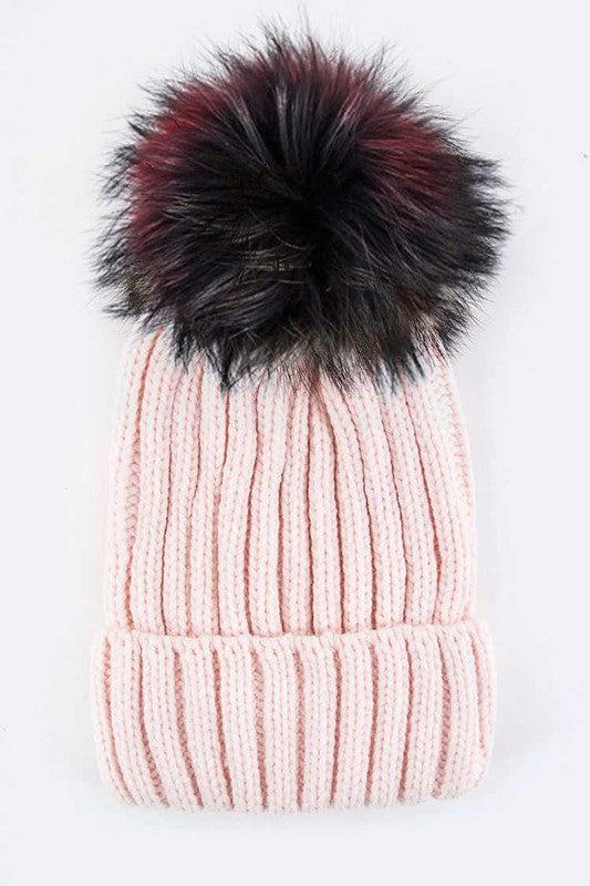 Mix Color Raccoon Fur Pom Pom Beanie