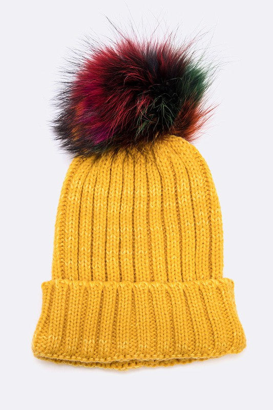 Mix Color Raccoon Fur Pom Pom Beanie