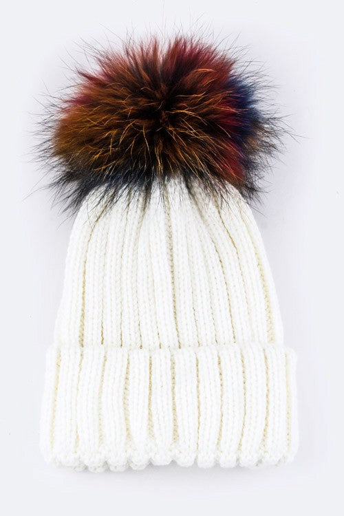 Mix Color Raccoon Fur Pom Pom Beanie