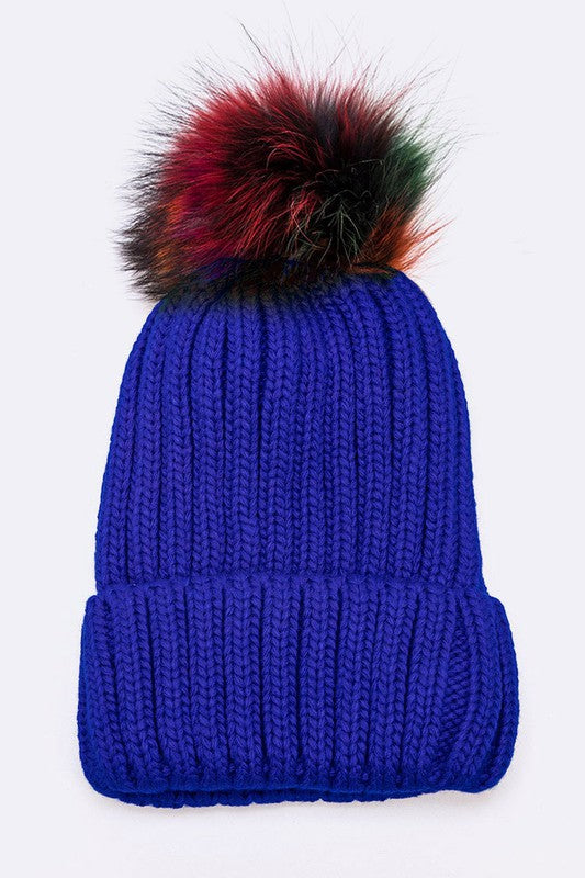 Mix Color Raccoon Fur Pom Pom Beanie