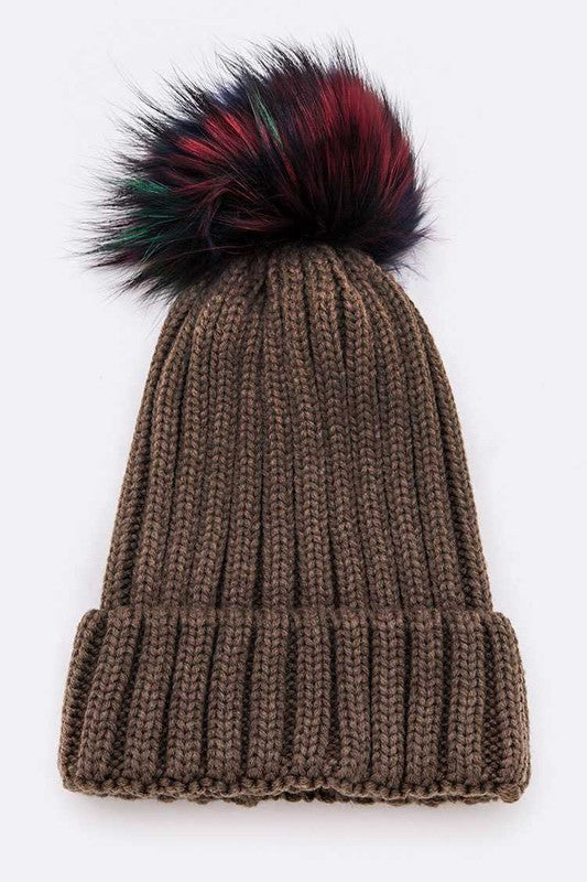 Mix Color Raccoon Fur Pom Pom Beanie