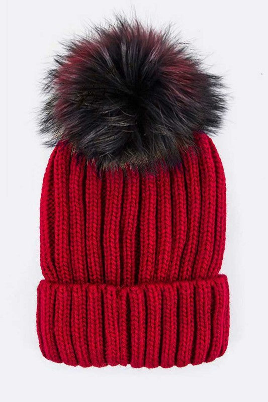 Mix Color Raccoon Fur Pom Pom Beanie