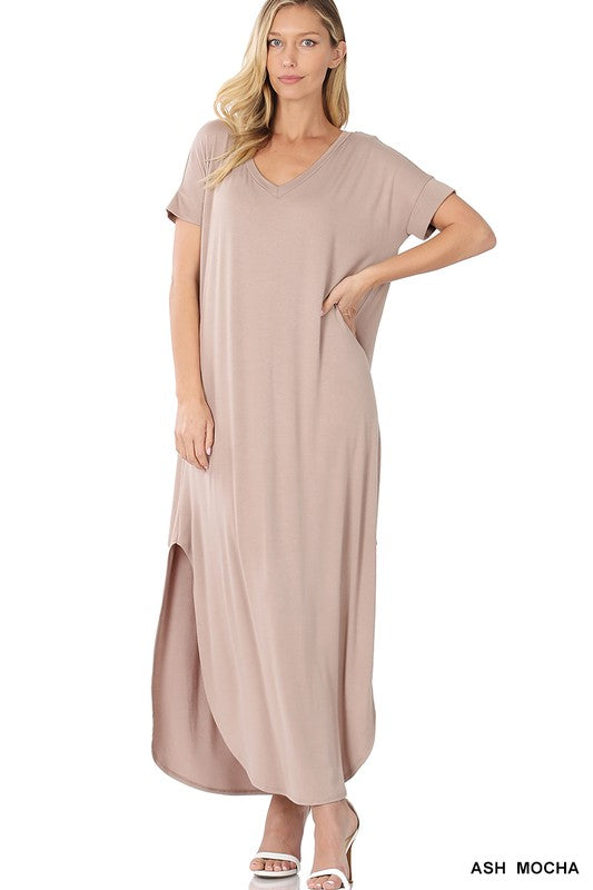 Viscose Fabric V-Neck Short Sleeve Maxi Dress