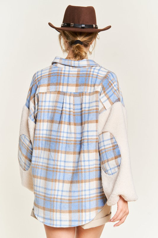 Multi plaid fuzzy sleeve jacket