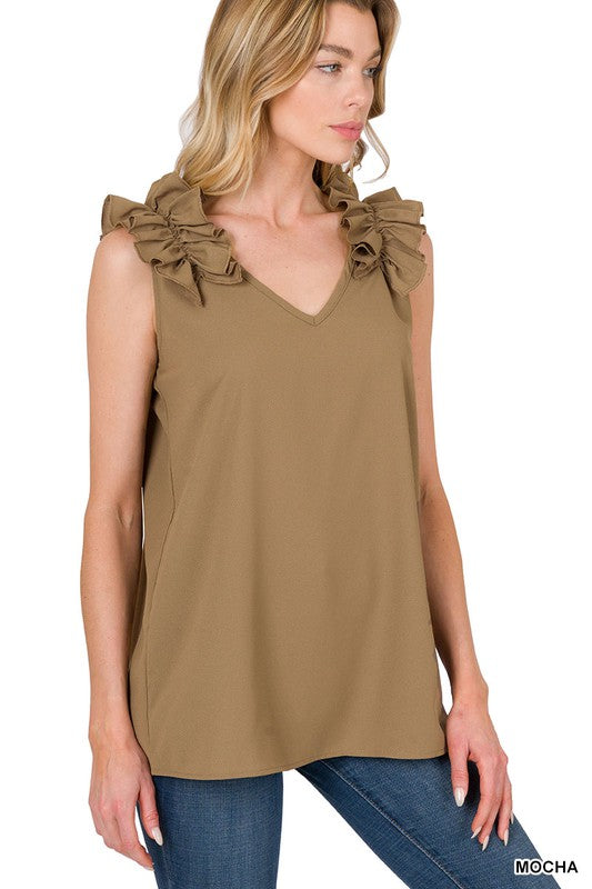 Woven Wool Dobby Ruffle Trim Sleeveless Top